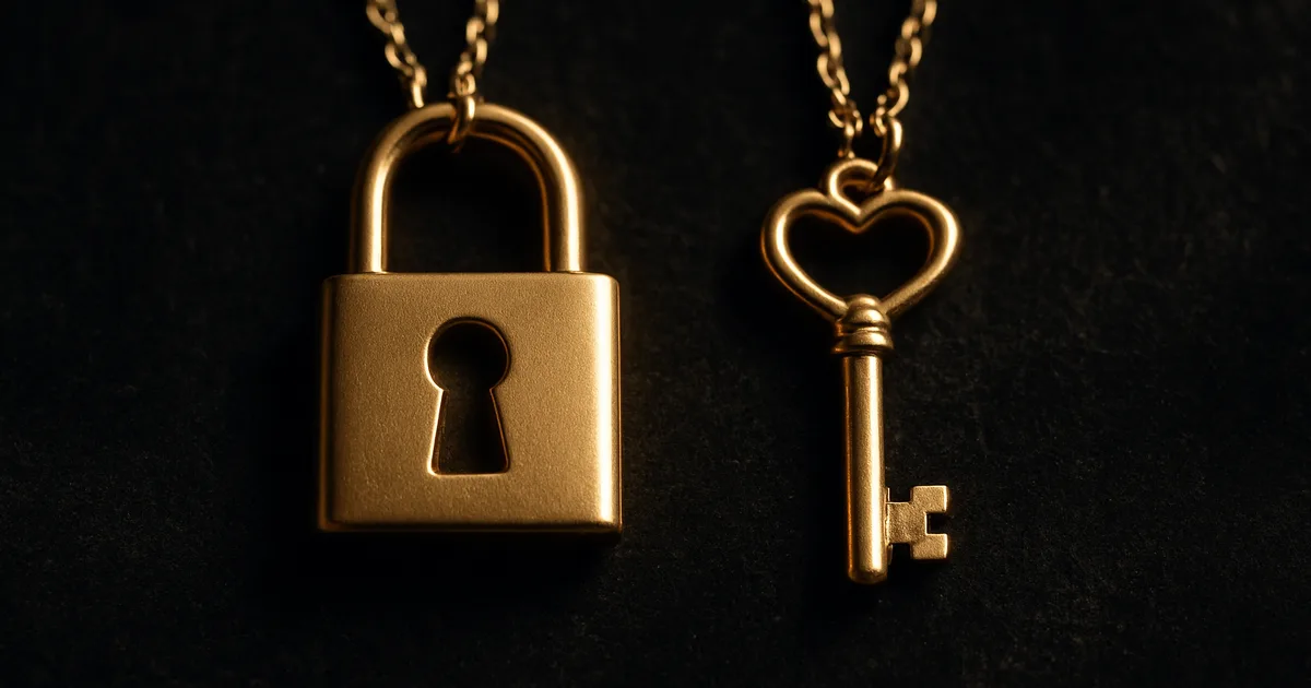 Matching gold lock and key necklace set — love jewellery symbols representing exclusive commitment and protection