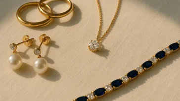 Flat lay of fine jewellery pieces including gold rings, diamond pendant and sapphire bracelet on ivory linen