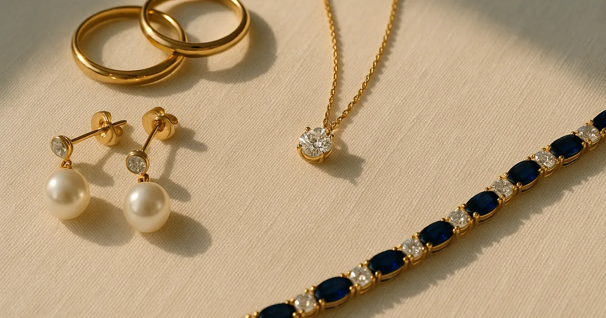 Flat lay of fine jewellery pieces including gold rings, diamond pendant and sapphire bracelet on ivory linen