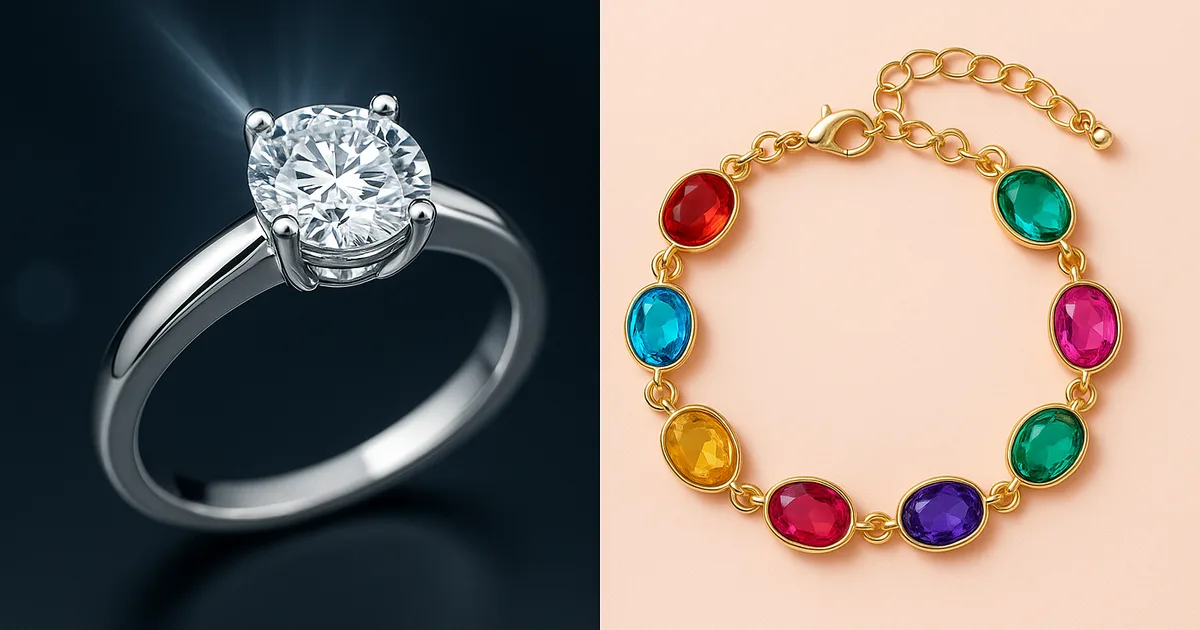 Side-by-side comparison of fine platinum diamond ring and colourful costume jewellery bracelet illustrating key differences