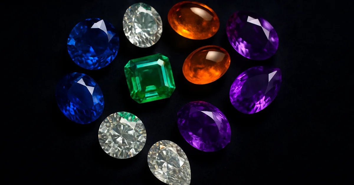 Curated selection of loose gemstones including diamonds, sapphires, emeralds and amber on dark velvet for jewellery gifting guide