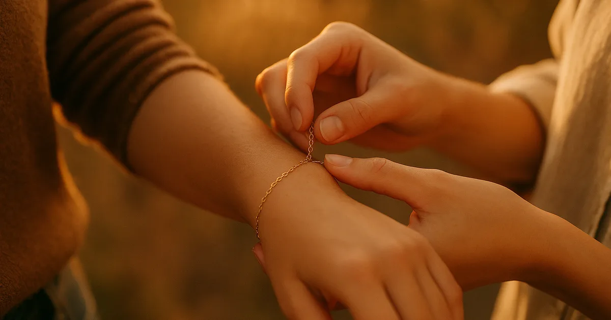 Close-up of two people's hands as a delicate gold permanent jewellery bracelet is welded onto a wrist, symbolising meaningful gifting