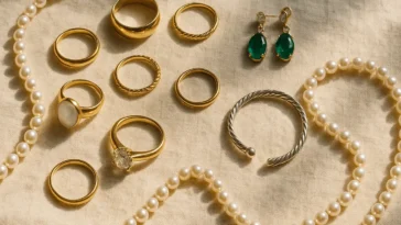 Flat-lay arrangement of gold rings, pearl necklaces and gemstone jewellery on cream linen fabric