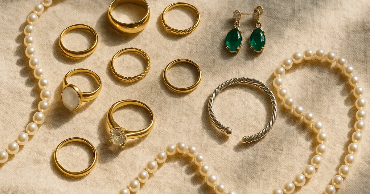 Flat-lay arrangement of gold rings, pearl necklaces and gemstone jewellery on cream linen fabric