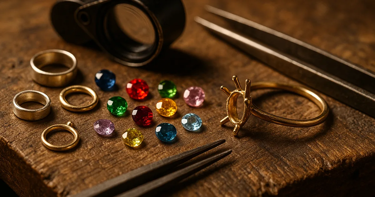Jeweller's workbench with silver, gold components and coloured gemstones under warm workshop lighting