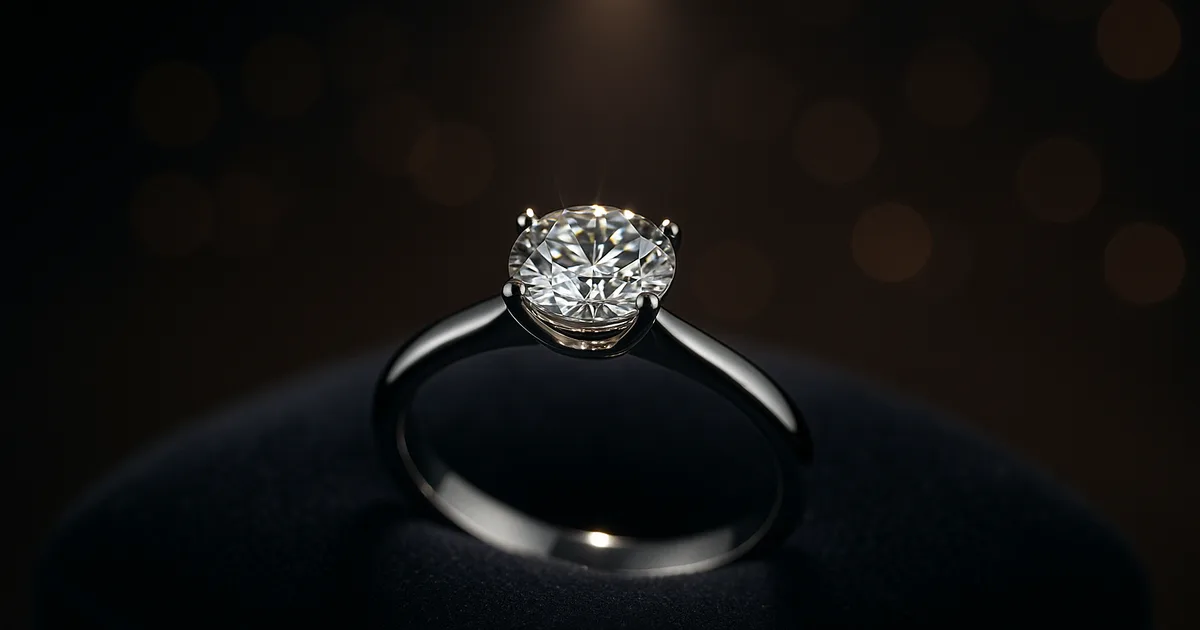 Diamond solitaire engagement ring on dark velvet cushion with light refracting through facets