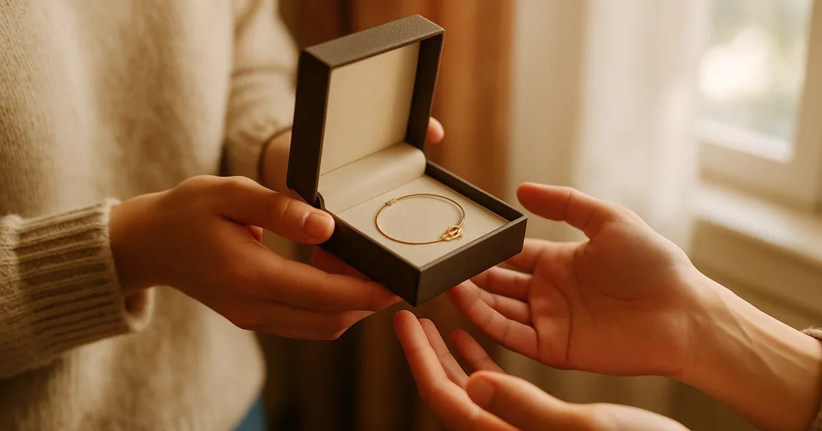 Hands exchanging an open jewellery gift box with a delicate gold bracelet inside, warm natural light
