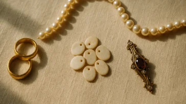 Flat lay of diverse jewellery pieces including gold rings, necklaces, and gemstone brooches on cream linen