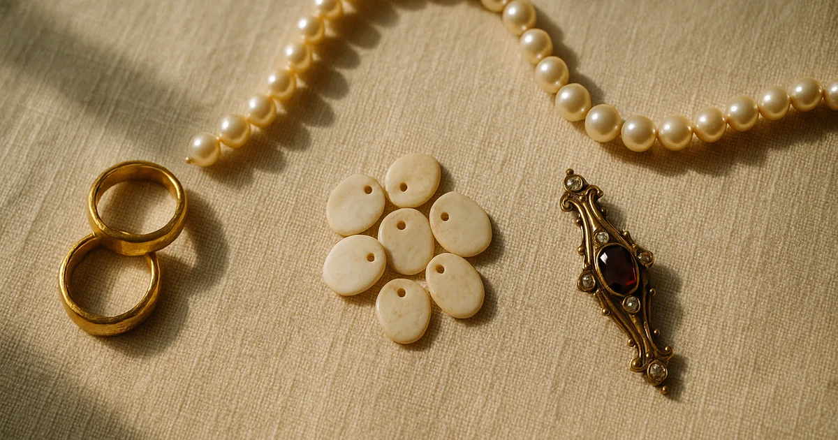 Flat lay of diverse jewellery pieces including gold rings, necklaces, and gemstone brooches on cream linen