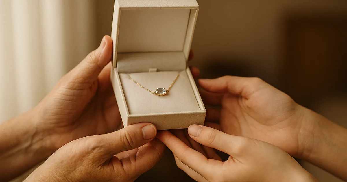 Hands exchanging an open jewellery gift box with a gold bracelet — jewellery as a meaningful gift