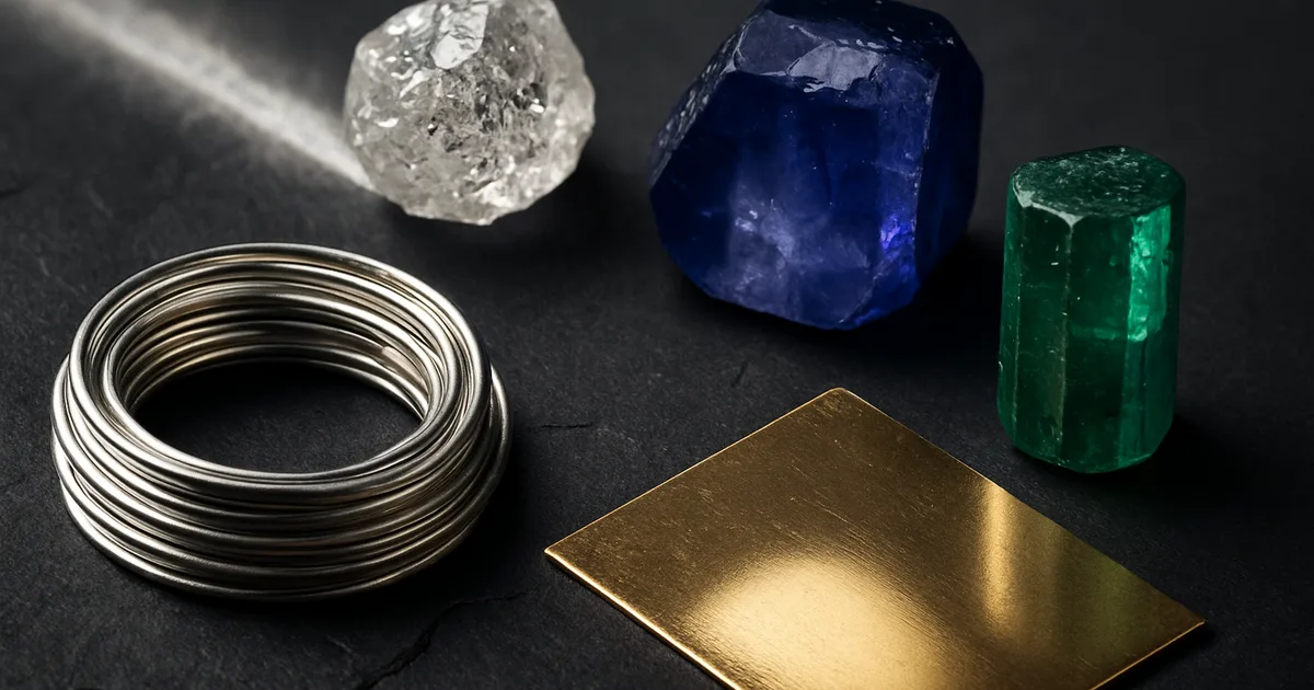 Macro shot of raw gemstones including diamonds, sapphires and emeralds alongside precious metals for jewellery-making