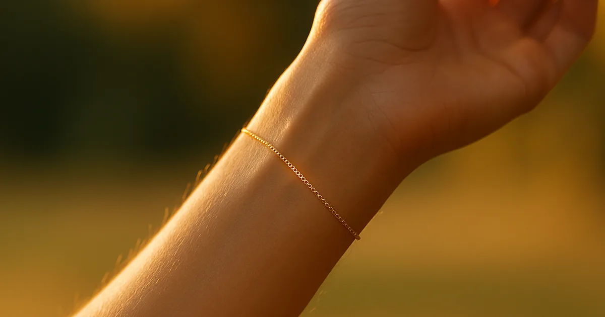 Close-up of a wrist wearing a permanent gold chain bracelet jewellery piece in golden hour light