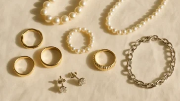 Flat lay of gold rings, pearl necklaces and diamond earrings arranged as jewellery gifting options on ivory linen