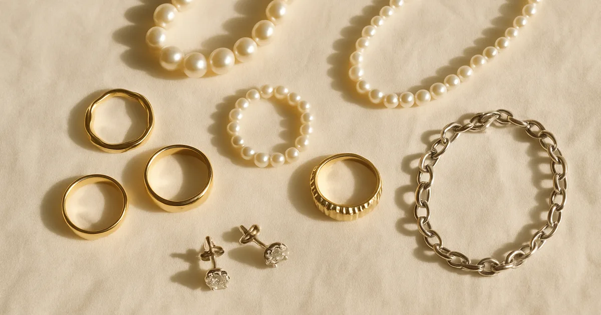 Flat lay of gold rings, pearl necklaces and diamond earrings arranged as jewellery gifting options on ivory linen