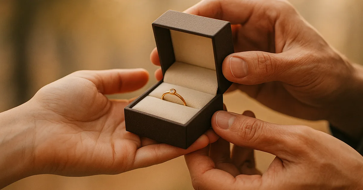 Two hands exchanging a gold ring in a jewellery gift box, representing meaningful jewellery gifting