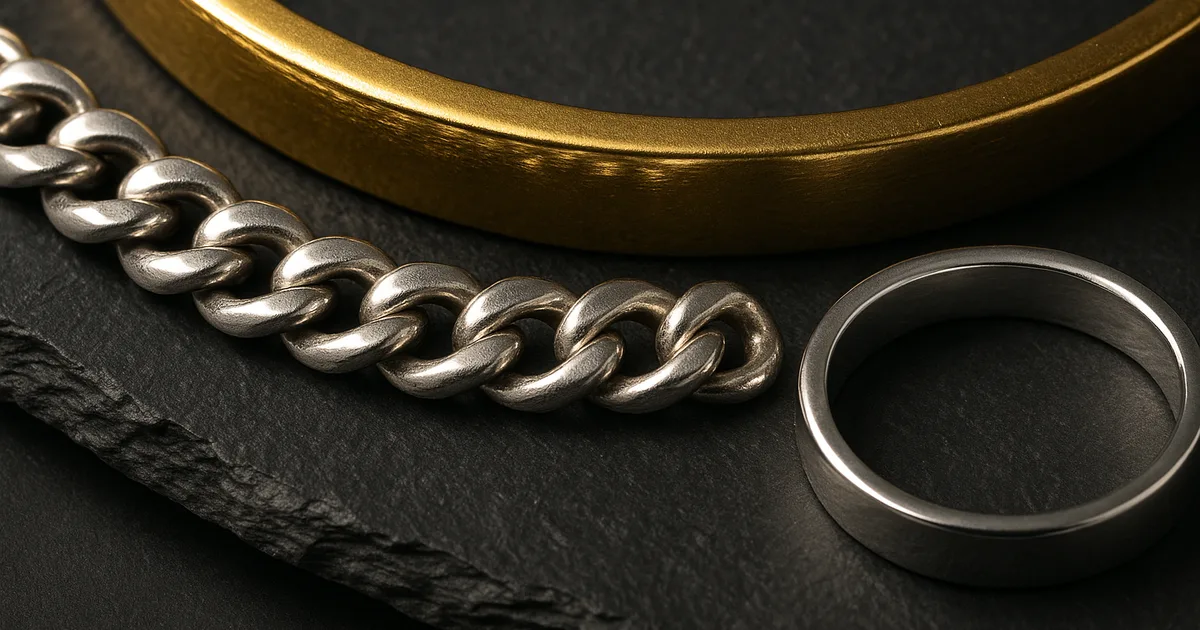 Yellow gold bangle, sterling silver chain and platinum ring side by side showing metal differences for jewellery gifting