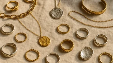 Flat lay of diverse jewellery pieces on linen — illustrating jewellery psychology and personal expression