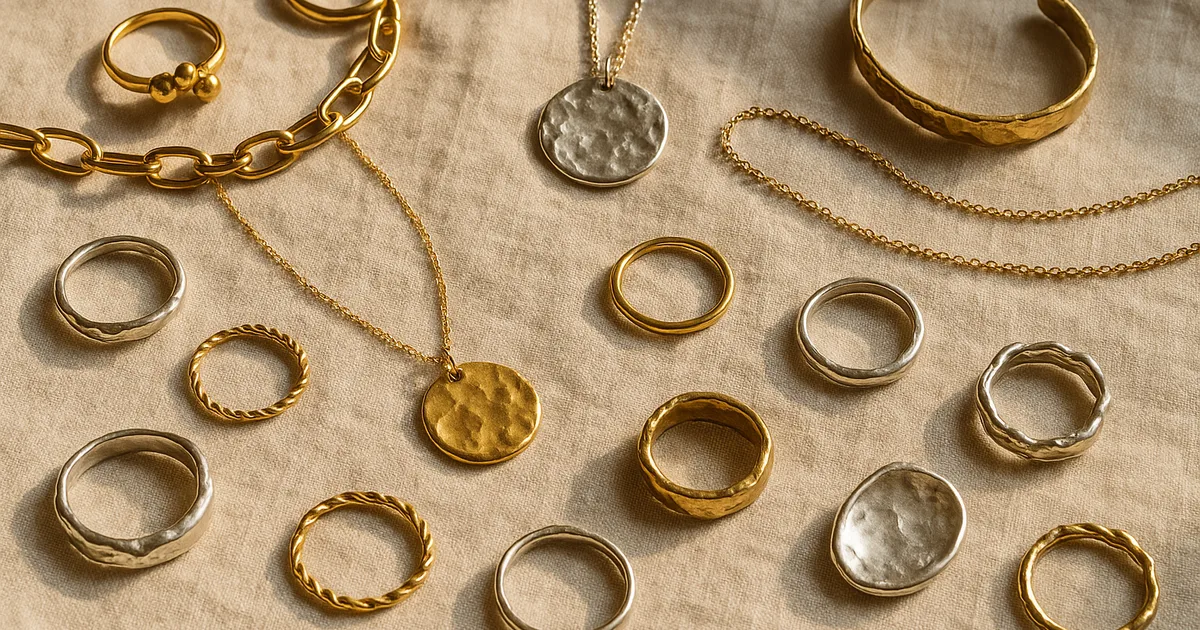 Flat lay of diverse jewellery pieces on linen — illustrating jewellery psychology and personal expression