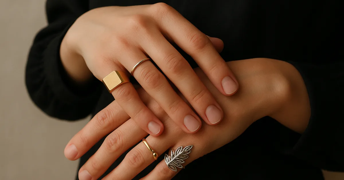 Close-up of hands wearing contrasting jewellery styles, illustrating jewellery psychology and personality expression