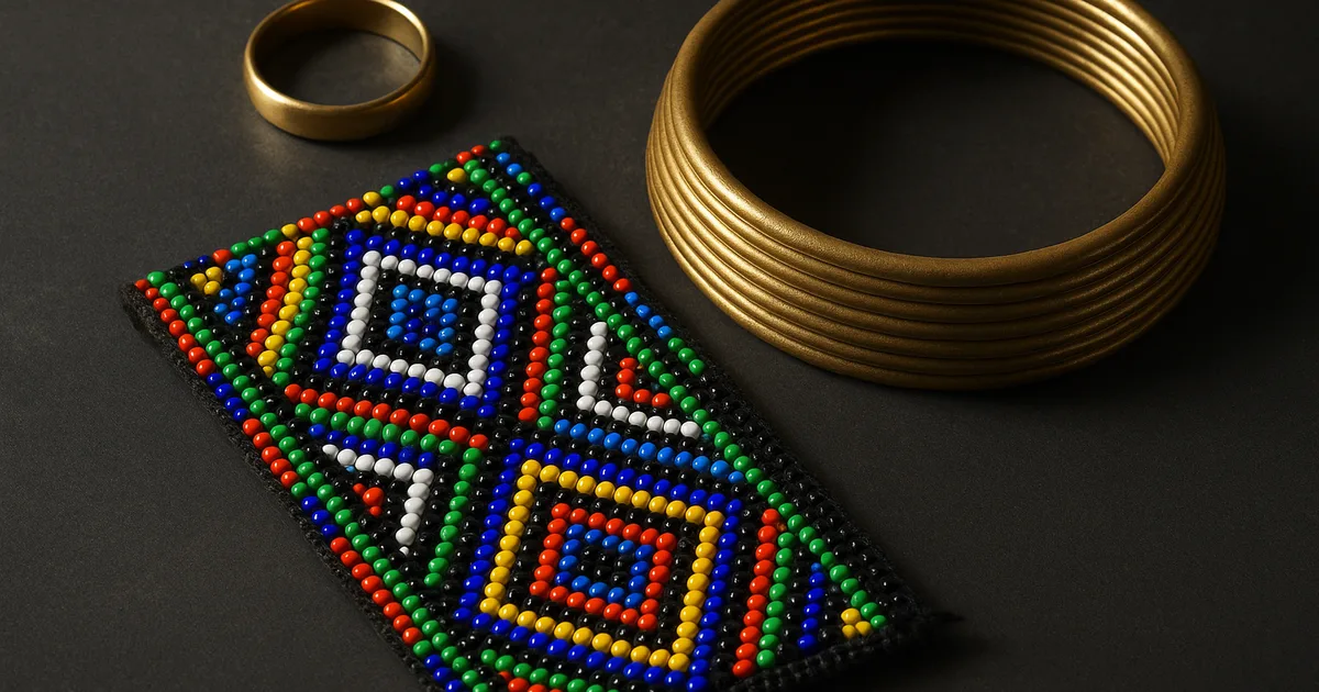 Cultural jewellery traditions arranged together — Western wedding band, Zulu beadwork, and Padaung neck ring