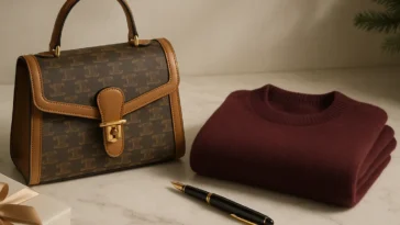 Kruopščiai atrinktos prabangios mados dovanos: paveldo rankinė, kašmyro megztinis ir rašymo priemonė ant marmuro paviršiaus