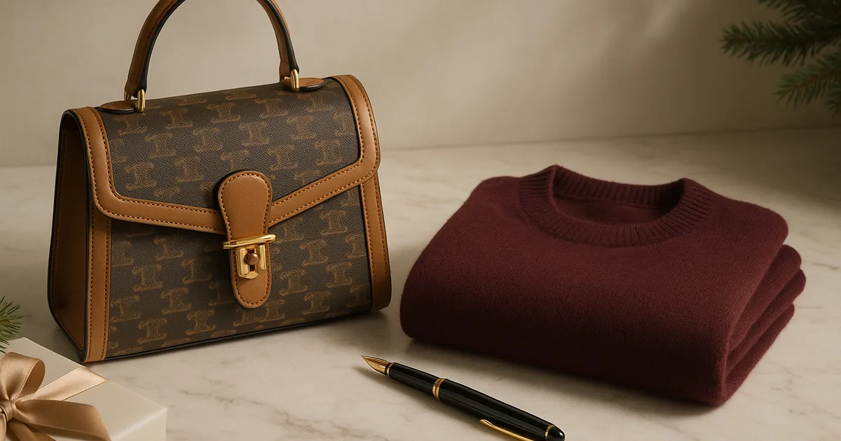 Kruopščiai atrinktos prabangios mados dovanos: paveldo rankinė, kašmyro megztinis ir rašymo priemonė ant marmuro paviršiaus