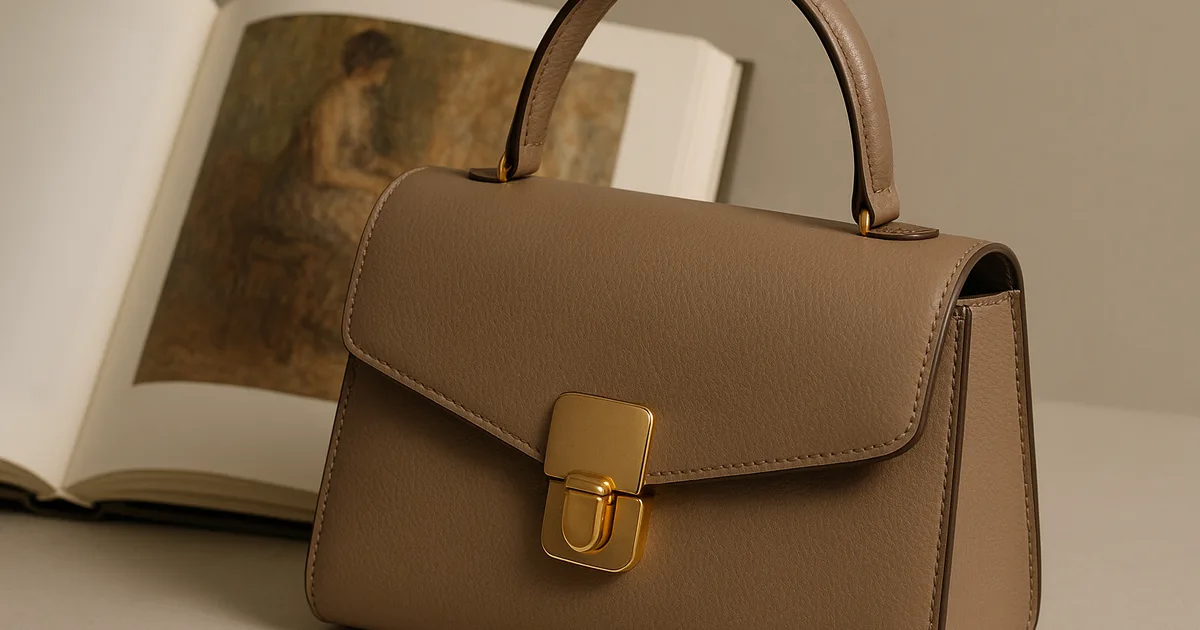 Riboto leidimo dizainerio rankinė šalia atviros meno knygos — prabangi mados dovana, kuri kartu yra ir kolekcionuojamas daiktas