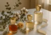 Elegant perfume gifts arranged on marble with gold-capped bottles and ribbon — luxury fragrance gifting