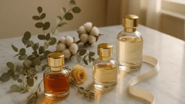 Elegant perfume gifts arranged on marble with gold-capped bottles and ribbon — luxury fragrance gifting