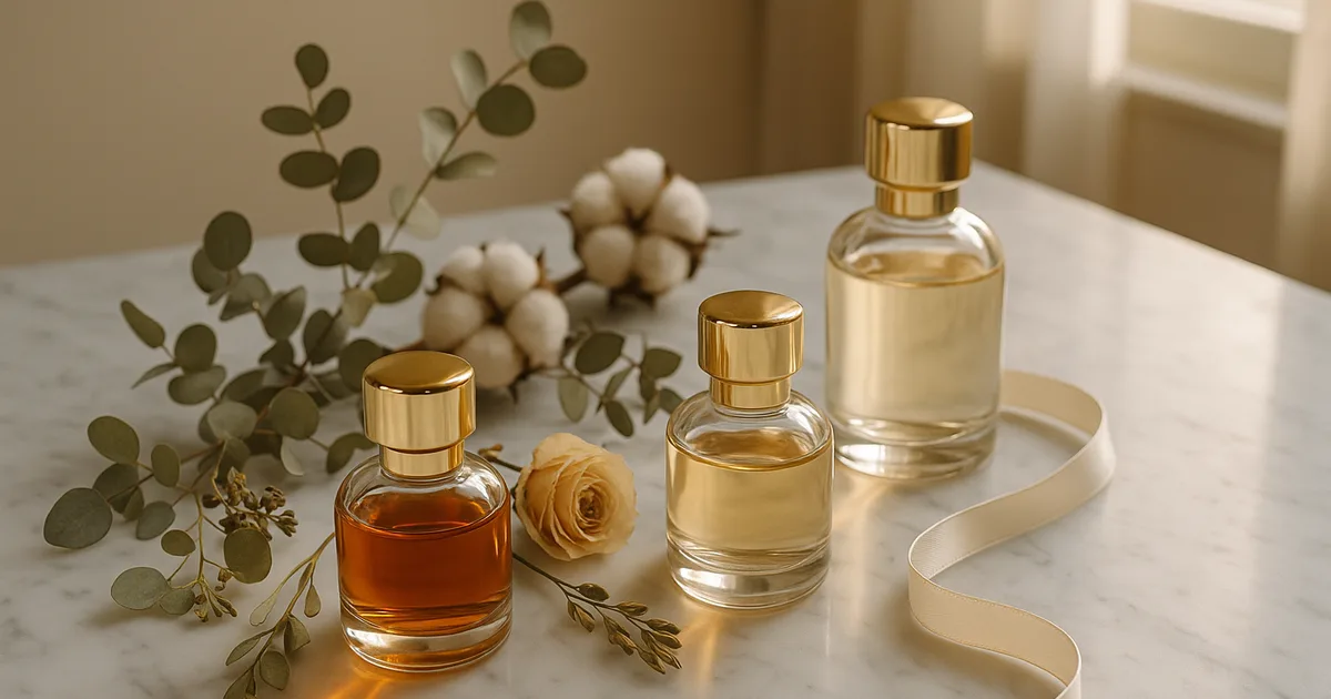 Elegant perfume gifts arranged on marble with gold-capped bottles and ribbon — luxury fragrance gifting