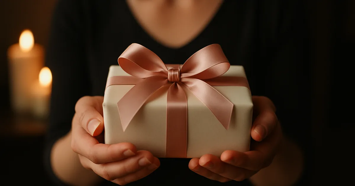 Woman holding wrapped perfume gift box with satin bow — online perfume gifts for women lifestyle shot