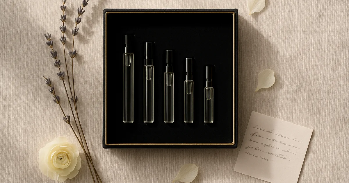 Open perfume gift set with miniature fragrance vials in velvet box — buy perfume gift sets online