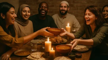 Diverse group sharing a communal meal showing how food brings people together around a rustic dinner table