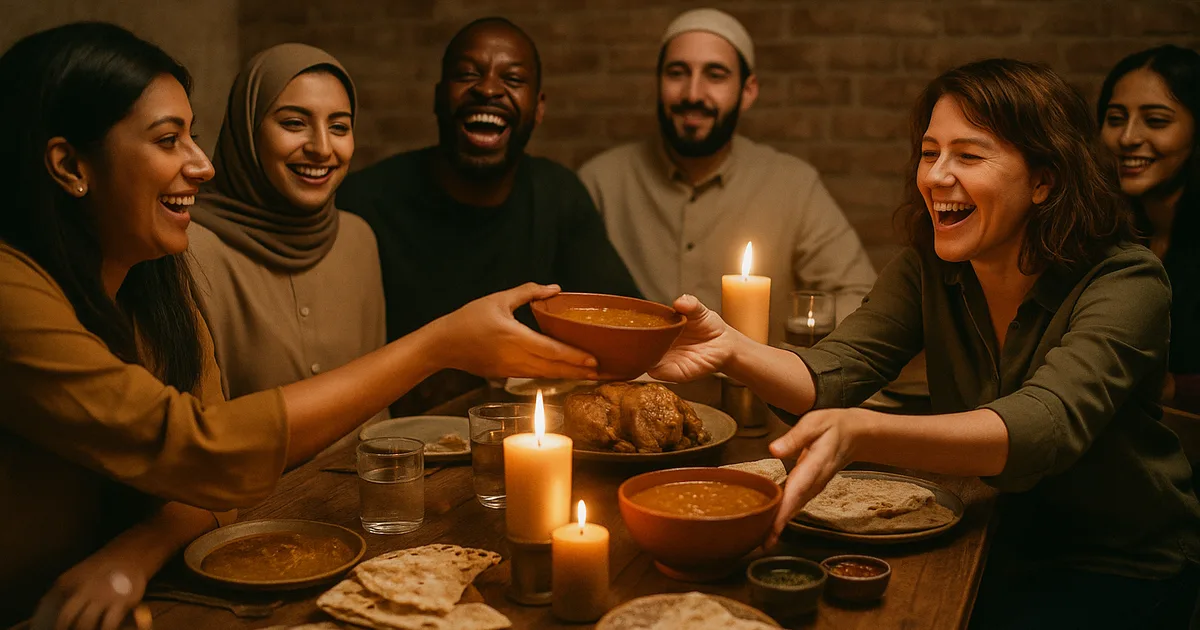 Diverse group sharing a communal meal showing how food brings people together around a rustic dinner table