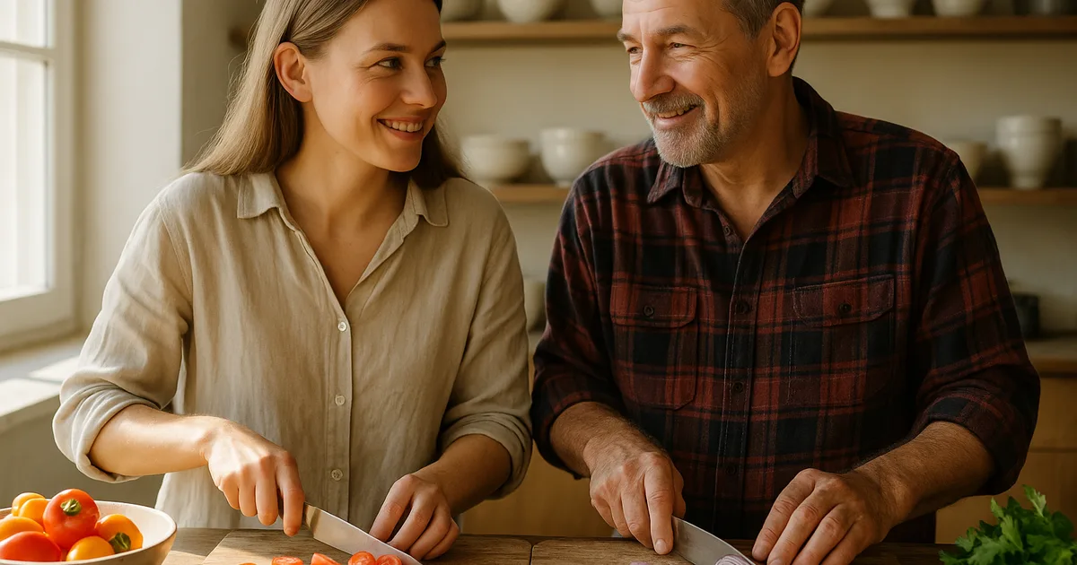 Two people cooking side by side in a bright kitchen, showing how cooking together brings people together