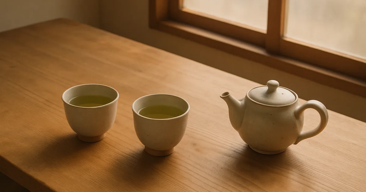 Two ceramic cups of green tea on a wooden table in soft morning light illustrating mindful tea drinking
