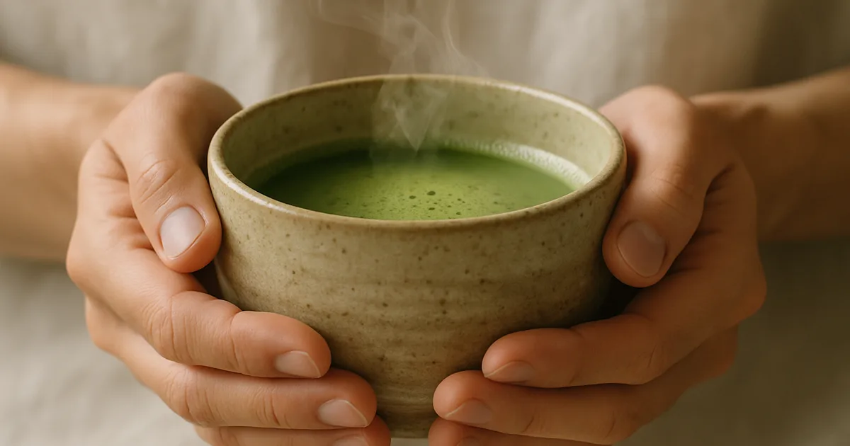 Hands holding a warm ceramic matcha bowl with rising steam, symbolising mindful tea drinking as meditation