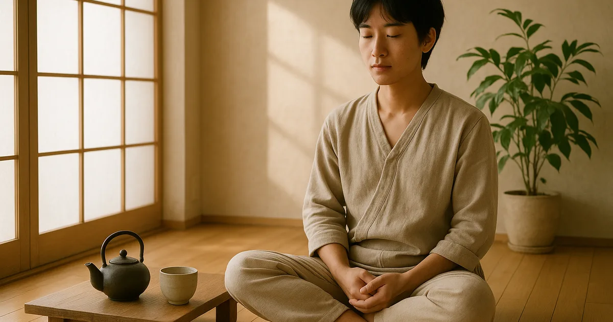 Person sitting mindfully with a teapot and cup in a minimalist Japanese-inspired room practising mindful tea drinking