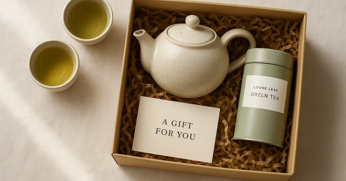 Curated mindful tea gift set with ceramic teapot, cups, and loose-leaf green tea on a linen surface