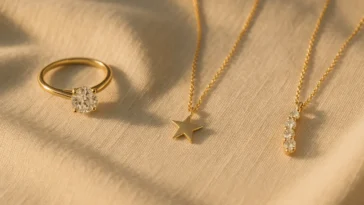 Flat lay of symbolic jewelry including a diamond ring, star pendant and journey necklace on cream linen