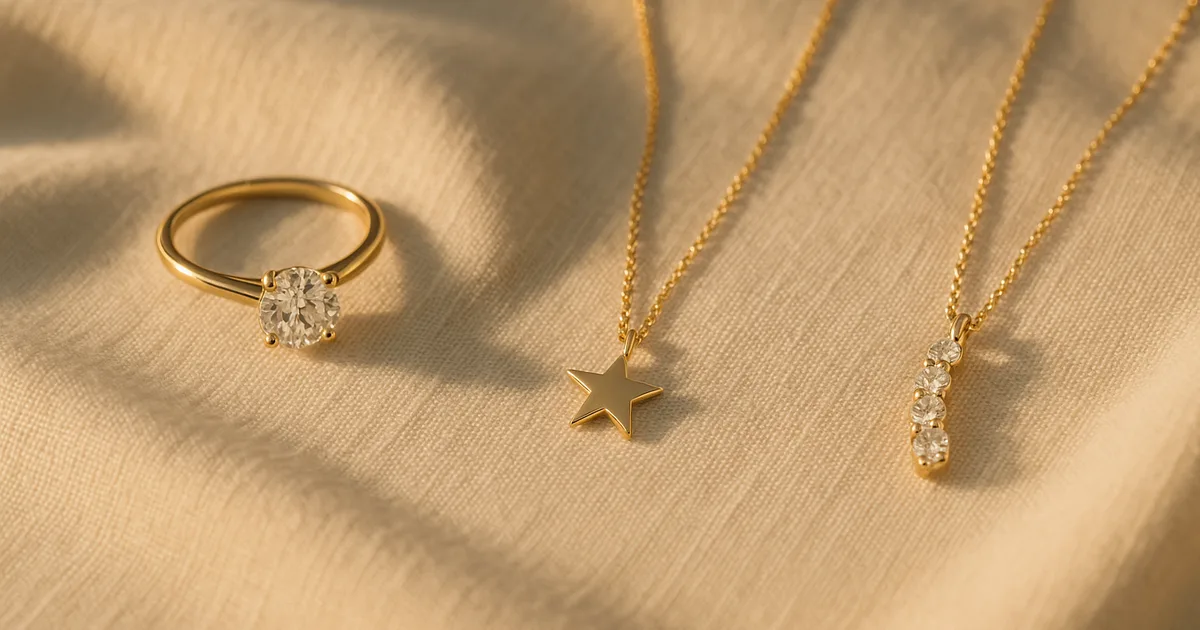 Flat lay of symbolic jewelry including a diamond ring, star pendant and journey necklace on cream linen