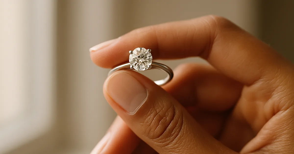 Woman holding a solitaire diamond engagement ring, symbolic jewelry representing eternal love and commitment