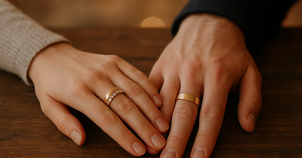Couple's hands wearing gold wedding and anniversary bands, symbolic jewelry celebrating renewed commitment