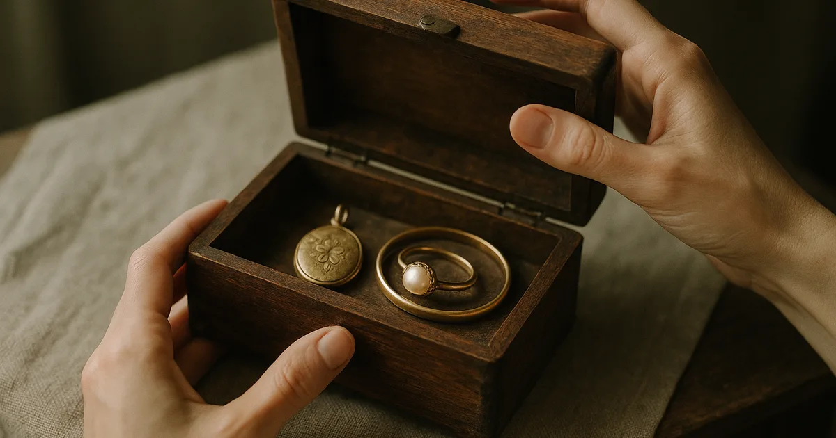 Hands opening a vintage wooden jewelry box with heirloom symbolic jewelry pieces including a locket and gold ring