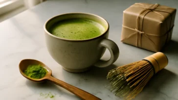 Vibrant green matcha latte in ceramic cup with bamboo whisk and ceremonial matcha gift tin on marble surface
