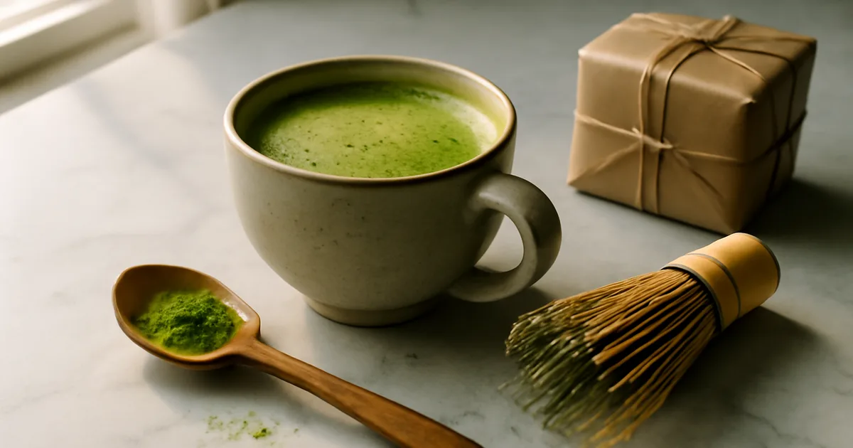 Vibrant green matcha latte in ceramic cup with bamboo whisk and ceremonial matcha gift tin on marble surface