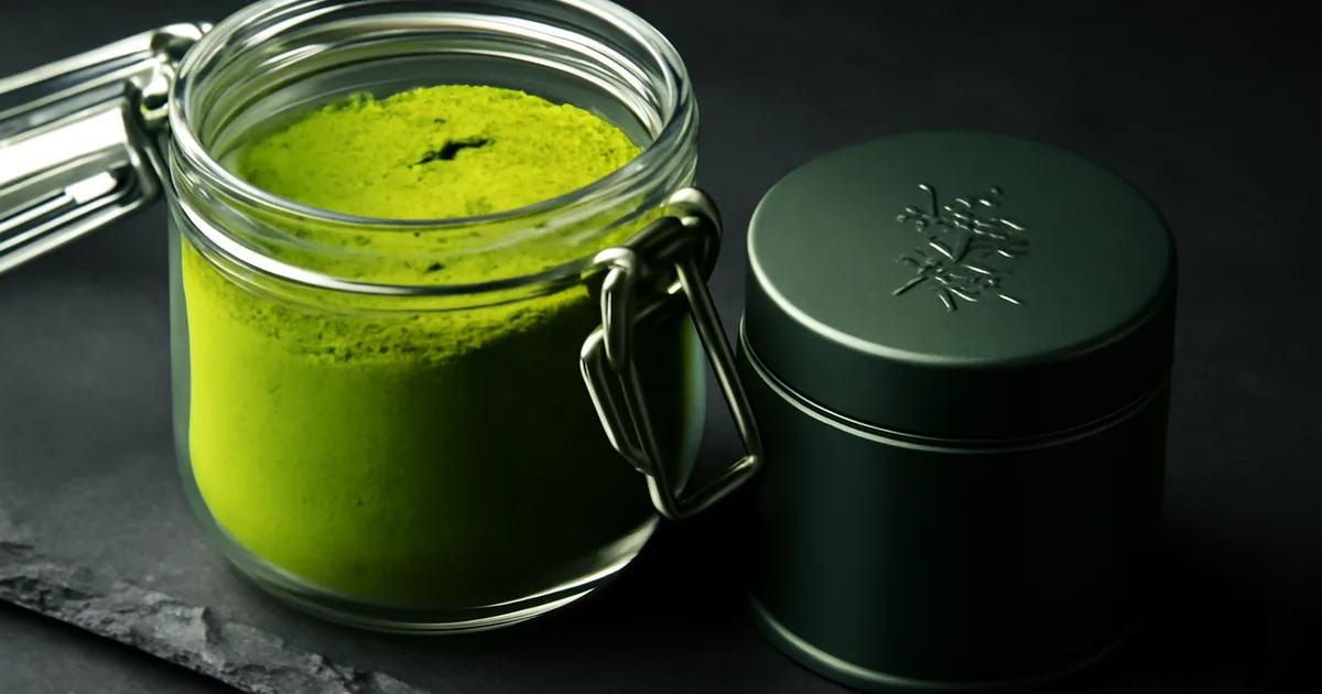 Open airtight glass canister of bright green matcha powder beside a sealed Japanese matcha gift tin on slate