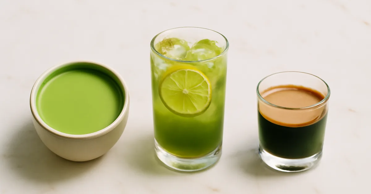 Three matcha drinks — latte, tonic, and matchacano — lined up on a white café counter in editorial flat-lay