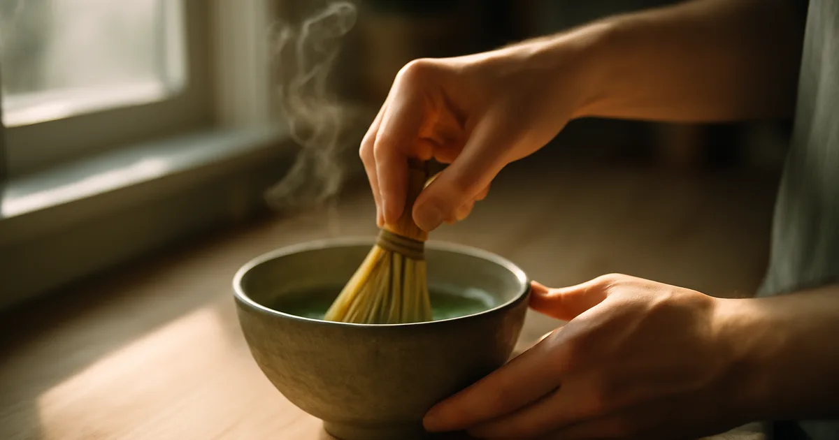 Person whisking ceremonial matcha in a handmade ceramic bowl with bamboo chasen whisk in soft morning light