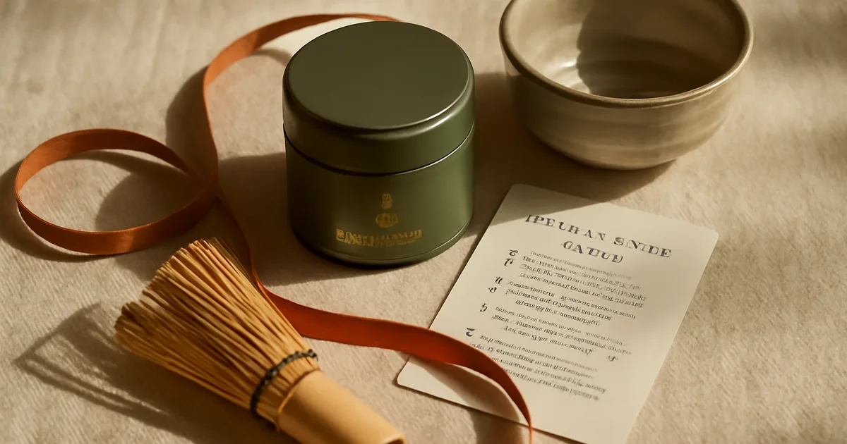Luxury matcha gift set with single-origin Japanese matcha tin, bamboo whisk, ceramic bowl, and preparation guide on cream linen